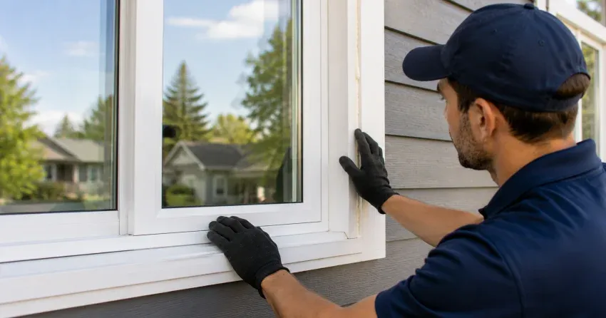 technician comparing full-frame and retrofit window replacement options in Burford