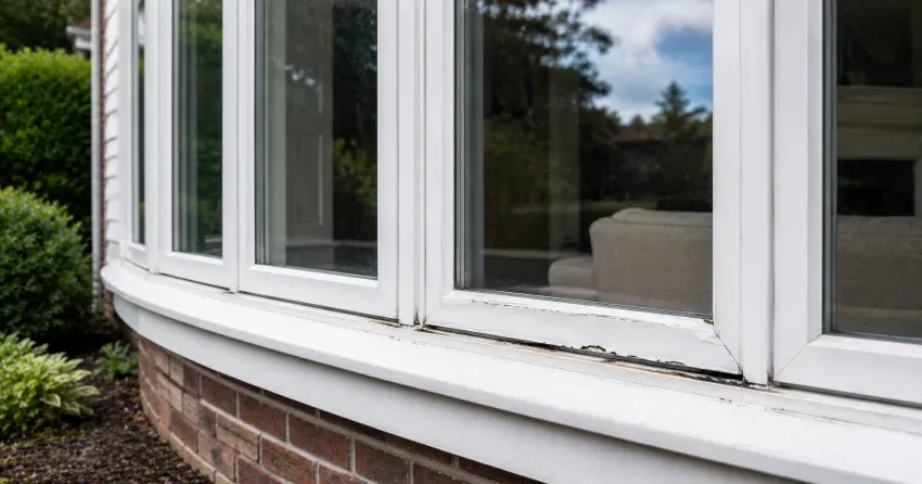 technician inspecting bow window frame and seal for damage in Burford