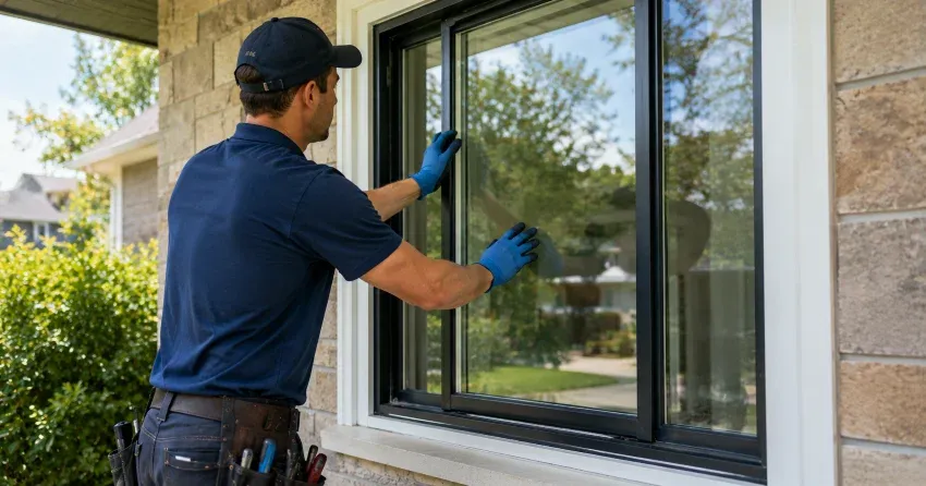 technician measuring a broken window pane for replacement in Burford