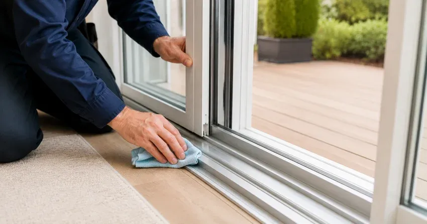 technician inspecting a sliding patio door track in Burford