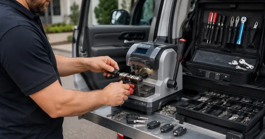 technician cutting a replacement car door lock key in Burford
