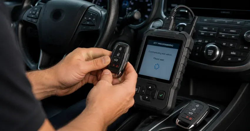 technician inspecting a worn car key before replacement in Burford