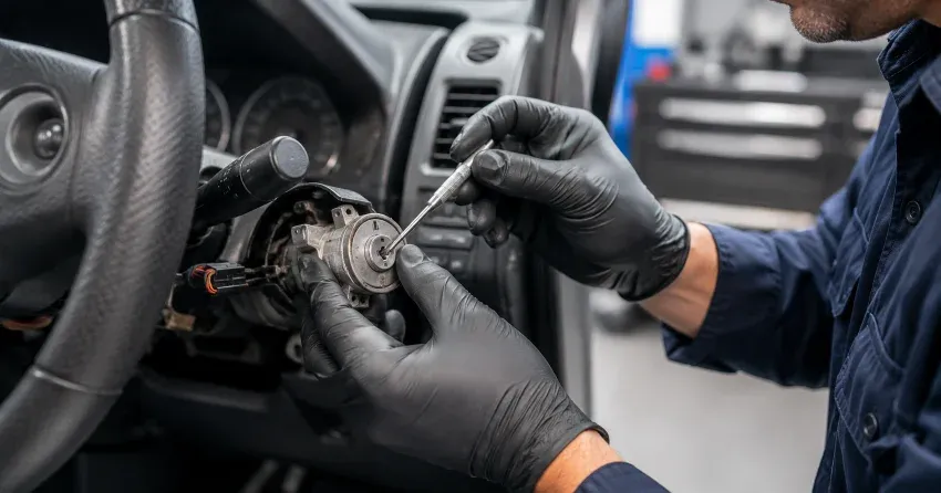 technician diagnosing an ignition lock repair issue in Burford