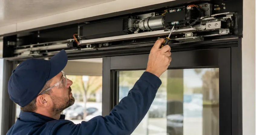 technician completing automatic door repair on residential property in Burford