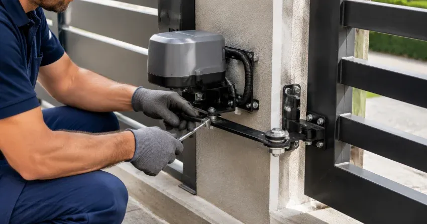 technician diagnosing automatic gate motor and control panel in Burford