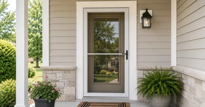 technician hanging storm door square and plumb in Burford