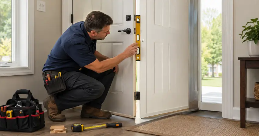 technician diagnosing a misaligned door frame in Burford