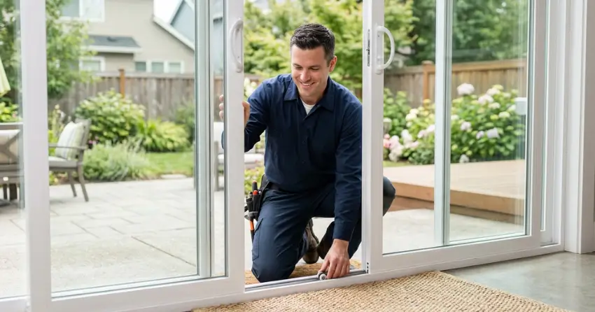 technician diagnosing a sticking patio door in Burford