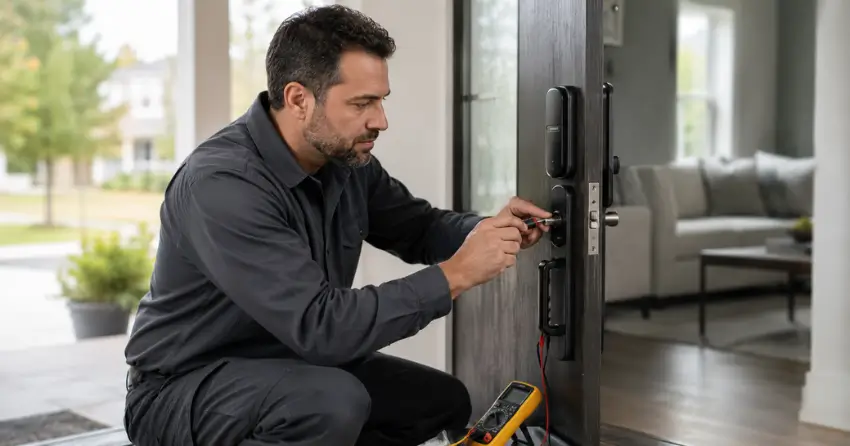 technician diagnosing automatic door lock mechanism on residential door in Burford
