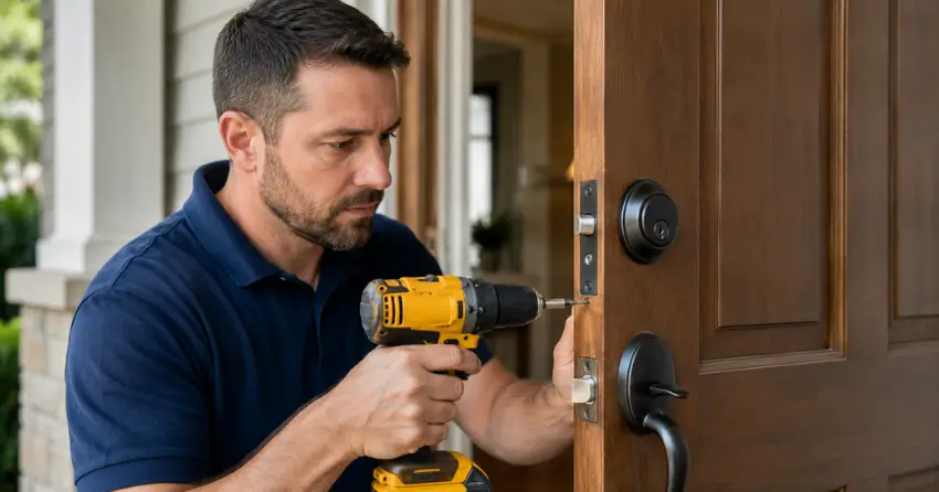 technician installing a new deadbolt during Change Door Lock Burford service