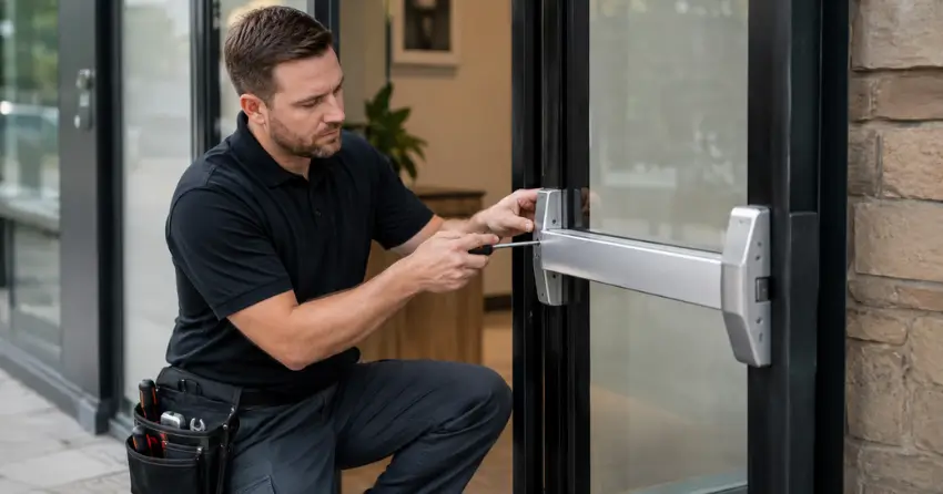 commercial locksmith repairing exit device on storefront door Burford