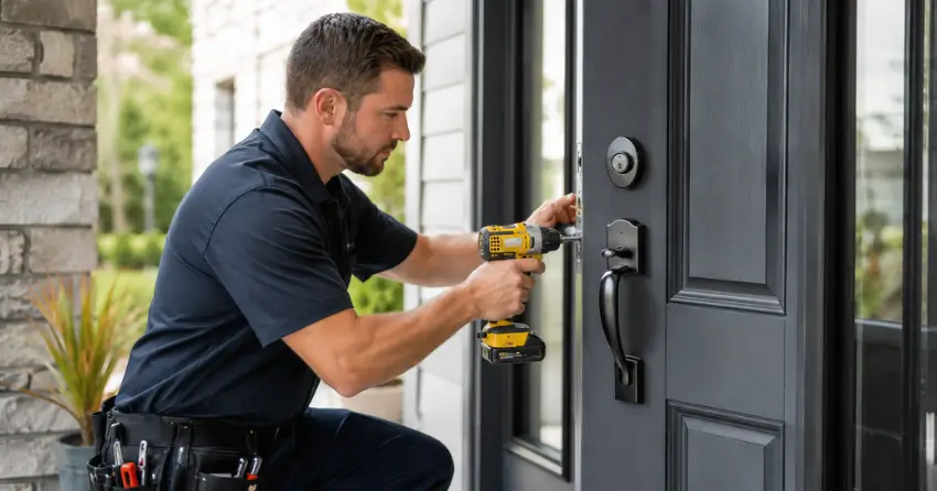 locksmith installing deadbolt lock on exterior door in Burford