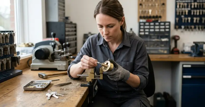 locksmith technician rekeying a deadbolt in Burford