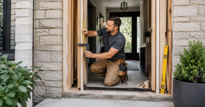 exterior door installer assessing rough opening in Burford