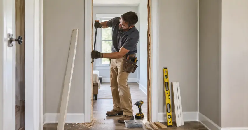 technician removing an old interior door frame during installation Burford