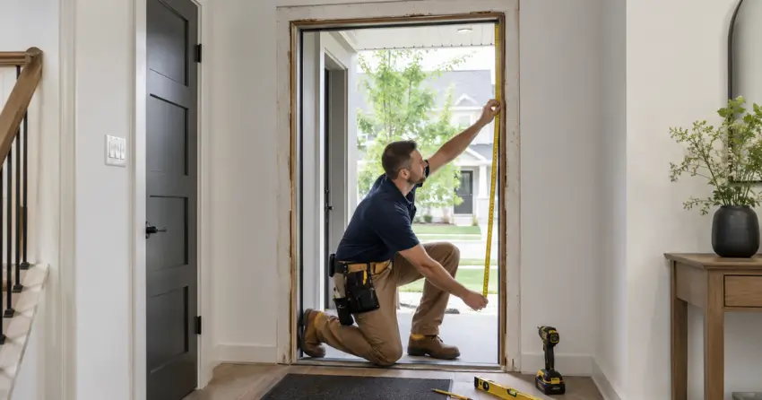 technician measuring a door frame before new door installation in Burford
