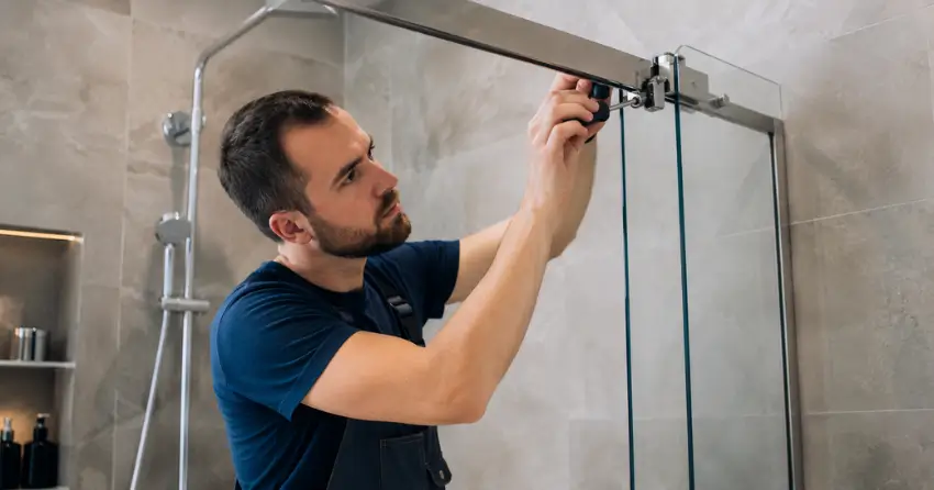 technician adjusting shower door hinge and track in Royal West Estates, Burford