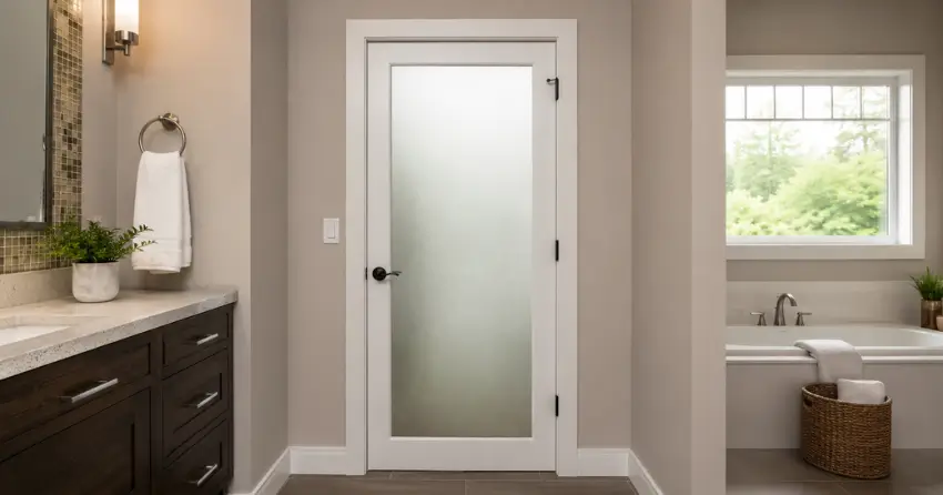 frosted glass panel bathroom door installed in a Burford home