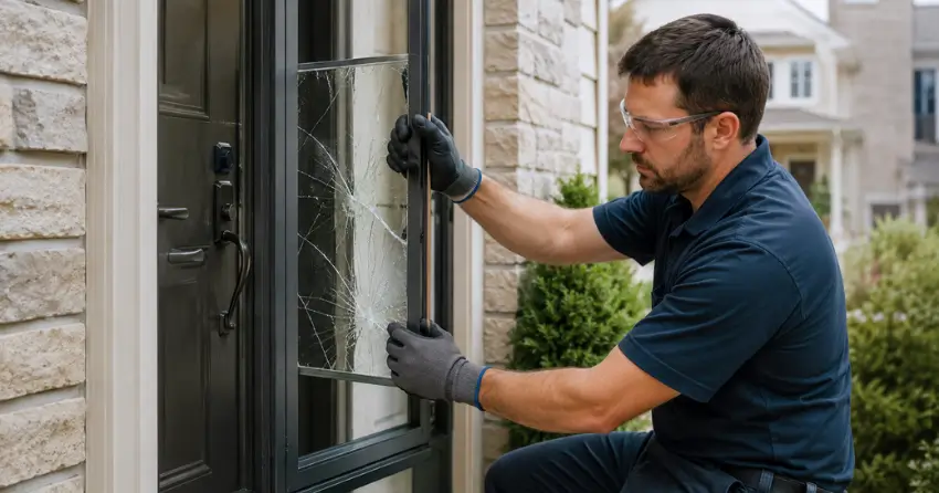 technician removing cracked storm door glass panel in Royal West Estates, Burford