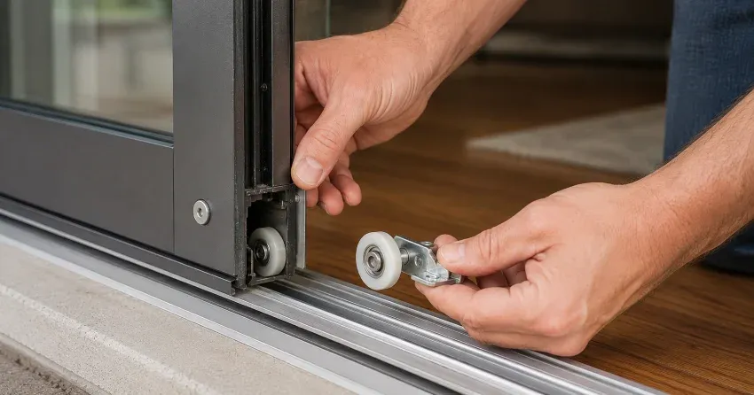 sliding door alignment Burford technician adjusting roller track