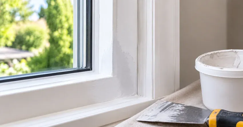 technician repairing rotted window frame corner in Burford