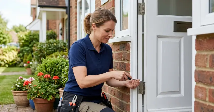 technician repairing exterior door hinge and frame in Royal West Estates, Burford