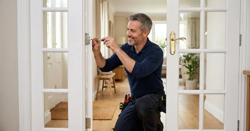 technician adjusting French door hinge for proper alignment in Burford