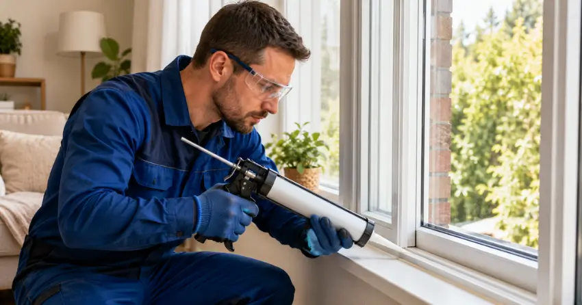 technician repairing window seal and frame in Burford