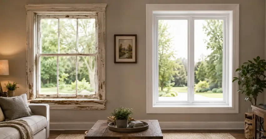 side by side comparison of old and new window in Burford