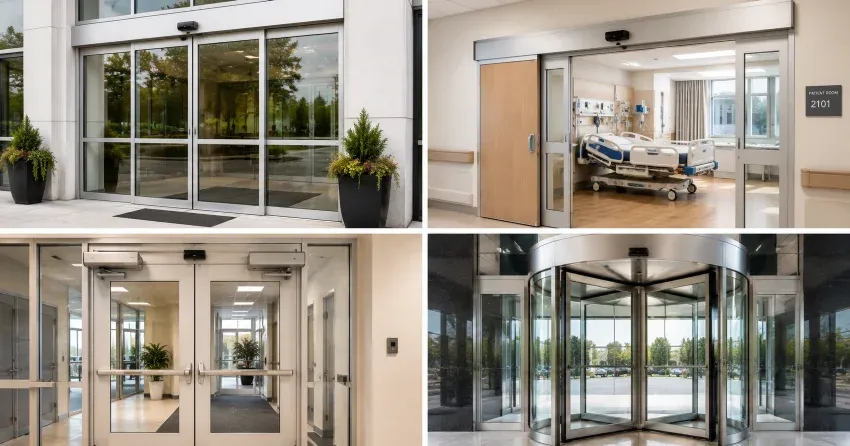 automatic door services technician completing system diagnostic in Burford