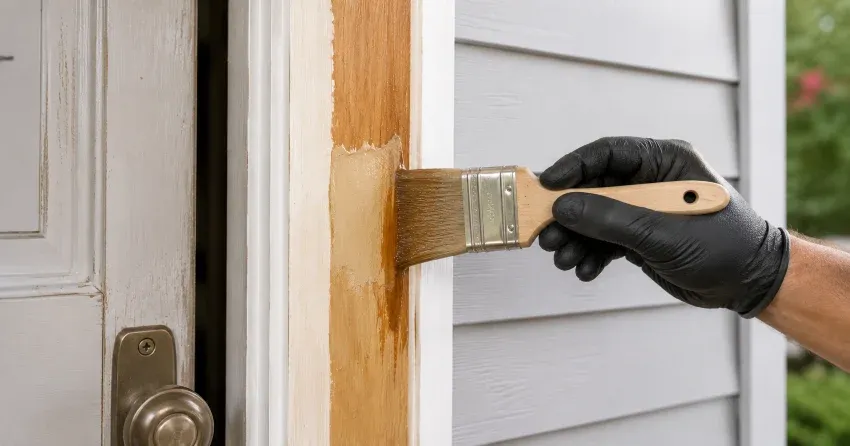 technician probing rotted wood on a door frame in Burford