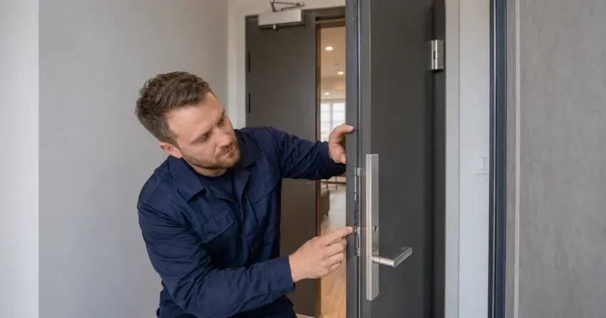 technician inspecting fire-rated door seal and hardware in Burford