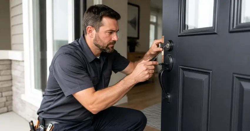 licensed locksmith technician working on residential deadbolt in Burford