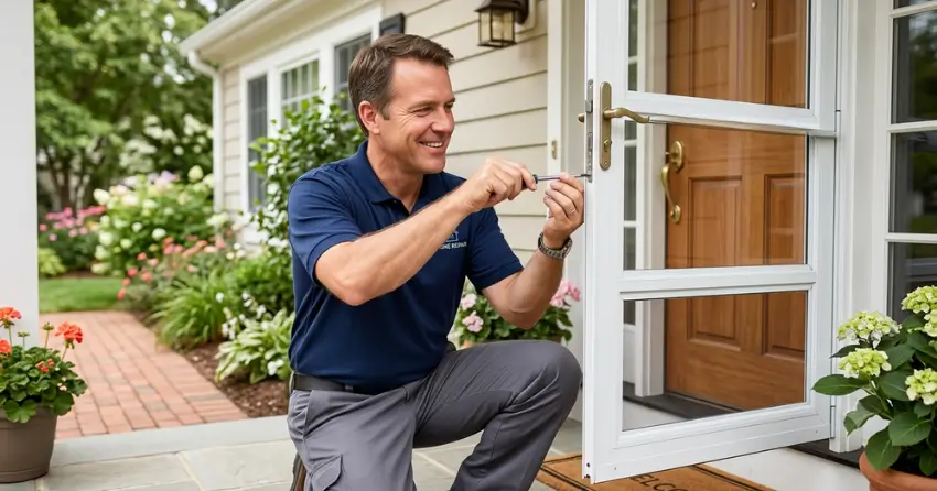 technician adjusting storm door hinge and closer in Burford