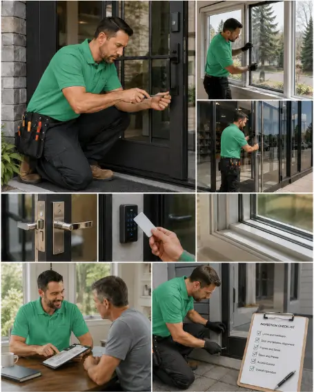 A technician demonstrating the finished operation of a repaired entry door